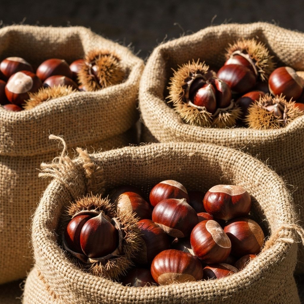 Castanhas em saco de serapilheira prontas a expedir